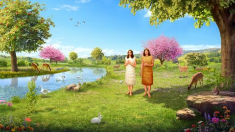 God maakt kleren van dierenvellen voor Adam en Eva