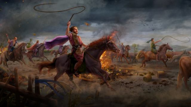 Satan verleidt Job voor de eerste keer (Zijn vee is gestolen en rampspoed overvalt zijn kinderen)